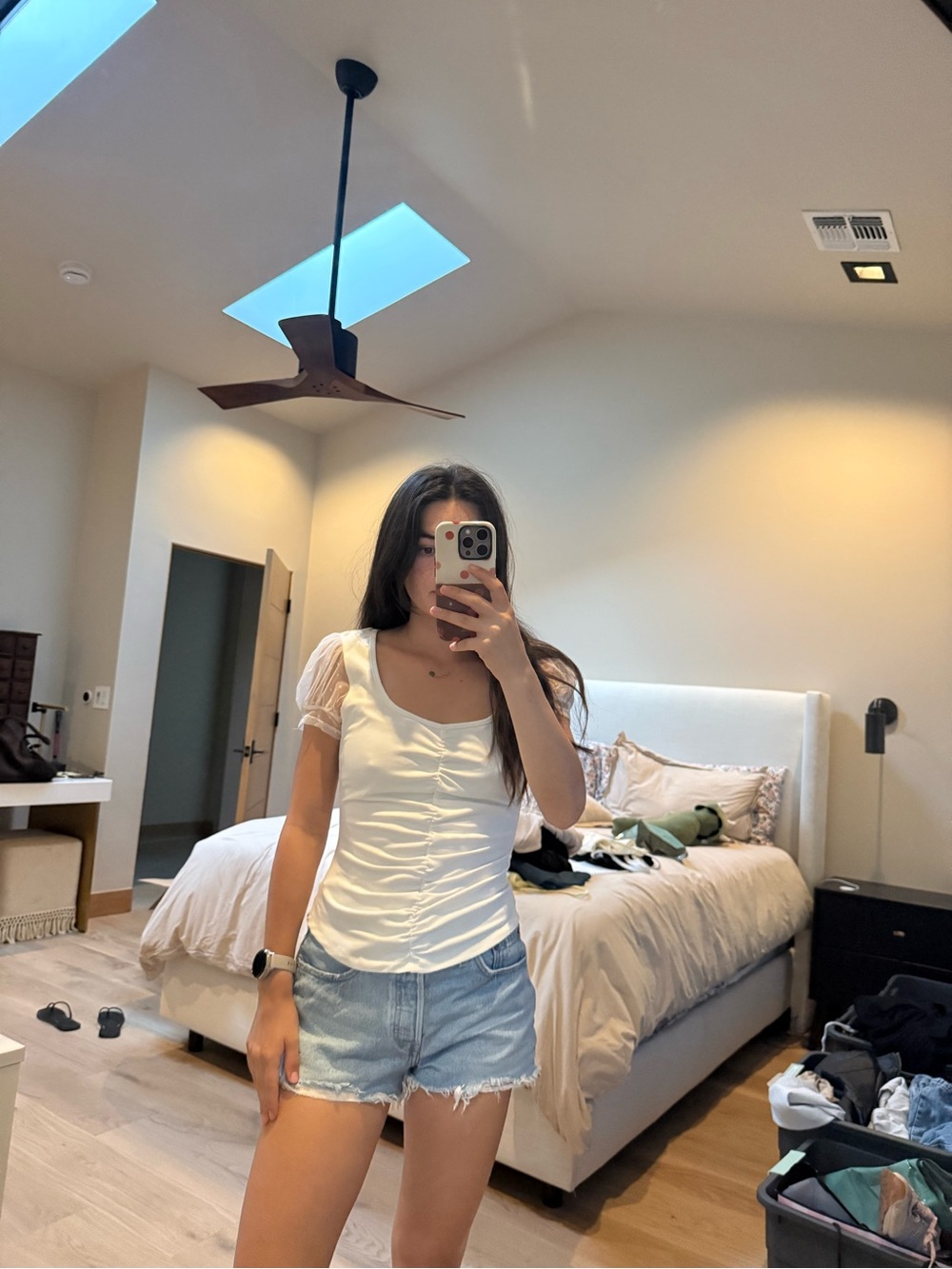 White Ruched Front Puff Sleeve Women's Top